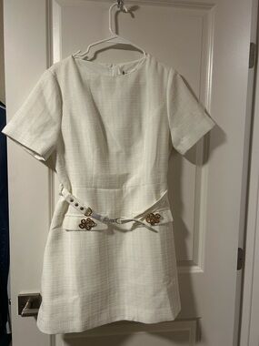 Commense Cream Tweed Belted Mini Dress with Gold Accent